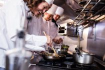 Grupo de chefs preparando comida con fogones de gas natural